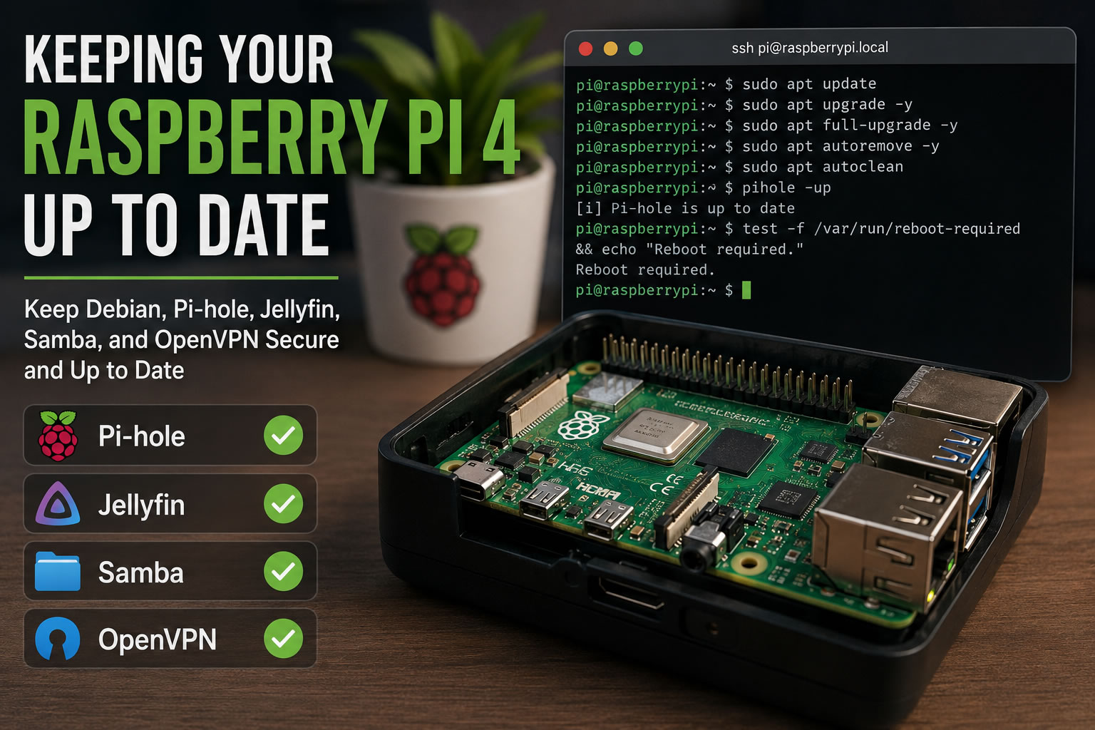 Keep your Raspberry Pi 4, Debian, Pi-hole, Jellyfin, Samba, and OpenVPN updated with a simple maintenance routine.