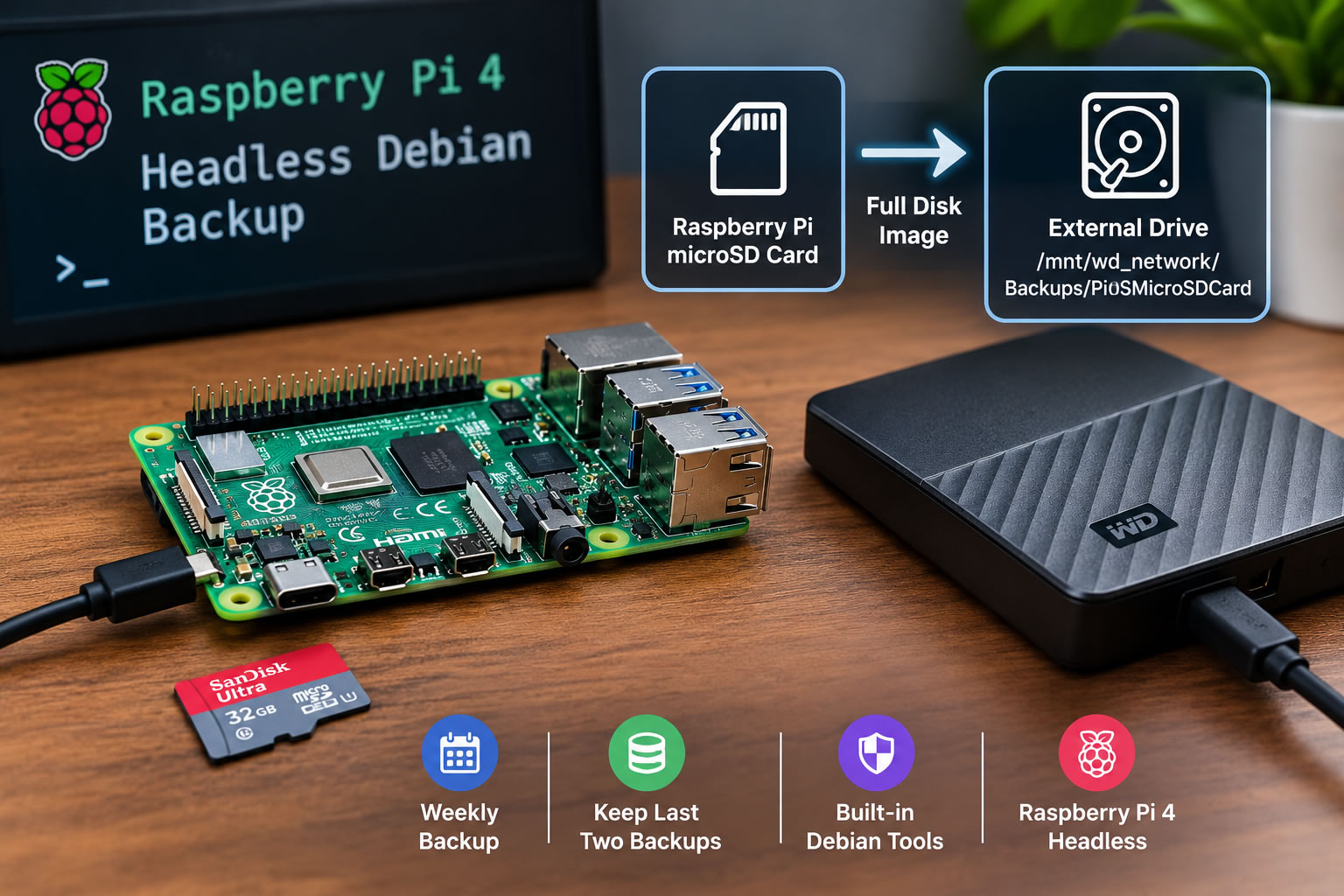 How to automatically create weekly, full SD card backups of a headless Raspberry Pi 4 running Debian, using built-in tools and keeping the last two backups.